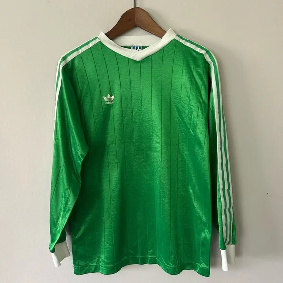 Vintage 90’s Adidas Green V-Neck Jersey with White Stripes, Size Med - Picture 1 of 8